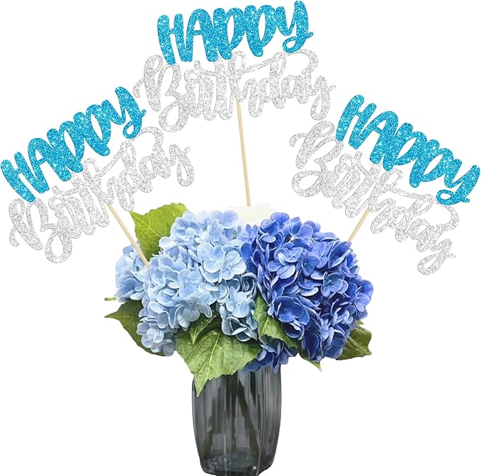 Gyufise 12Pcs Happy Birthday Centerpieces Sticks Double Sided Glitter Birthday Party Decorations Anniversary Table Flower Centerpiece for Celebrating Party Supplies Blue Silver