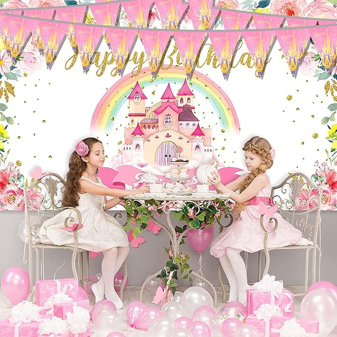 49ft Princess Birthday Decorations Flag Banner Theme Triangle Flags Banner for Birthday Party Decorations