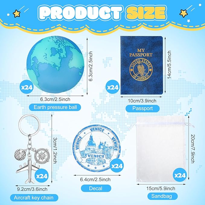 Maitys 144 Pcs Travel Party Earth Stress Balls, Airplane Keychain, Passport Book with Assorted Travel Stickers for Scrapbooks, Organza Bags for Adults Adventure Theme Party Supplies