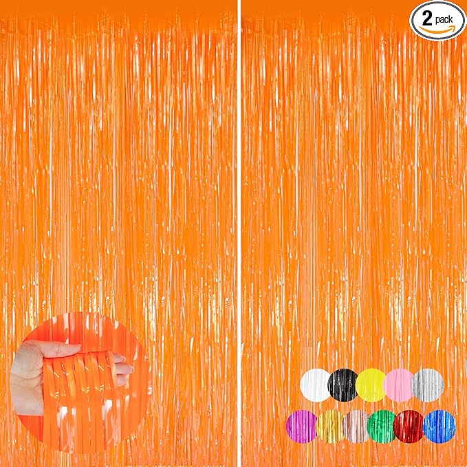 2PCS Macaron Orange Party Streamers 3.3x8.3Ft Foil Fringe Backdrop Curtains Tinsel Streamers Birthday Party Decorations Fringe for Graduation Wedding, Baby Shower Disco Party Anniversary Streamers