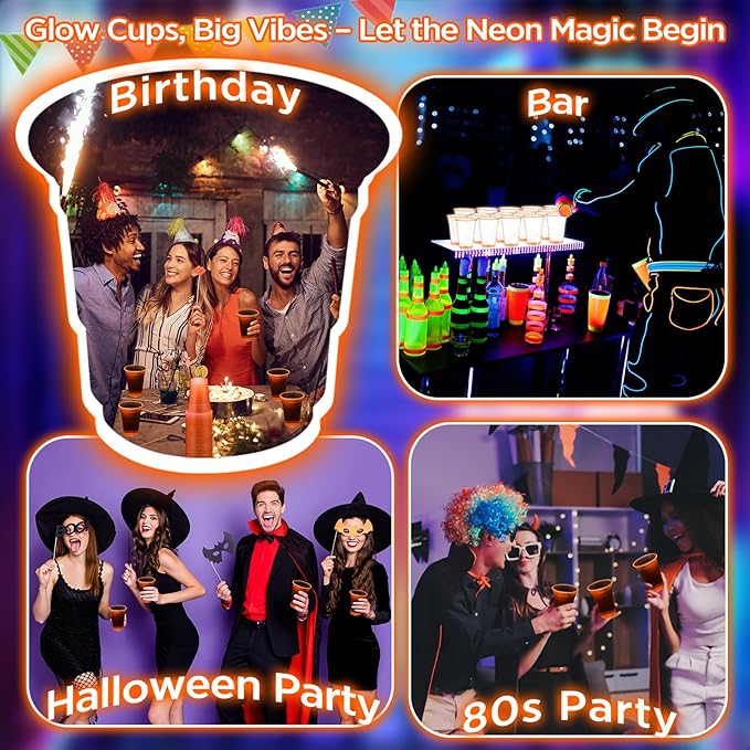 LemonRoad 50 Pack Blacklight Party Glow Cups 16 oz Plastic Neon Cups Disposable Glow in the Dark for Parties Birthdays 80s Themed Events(Orange)
