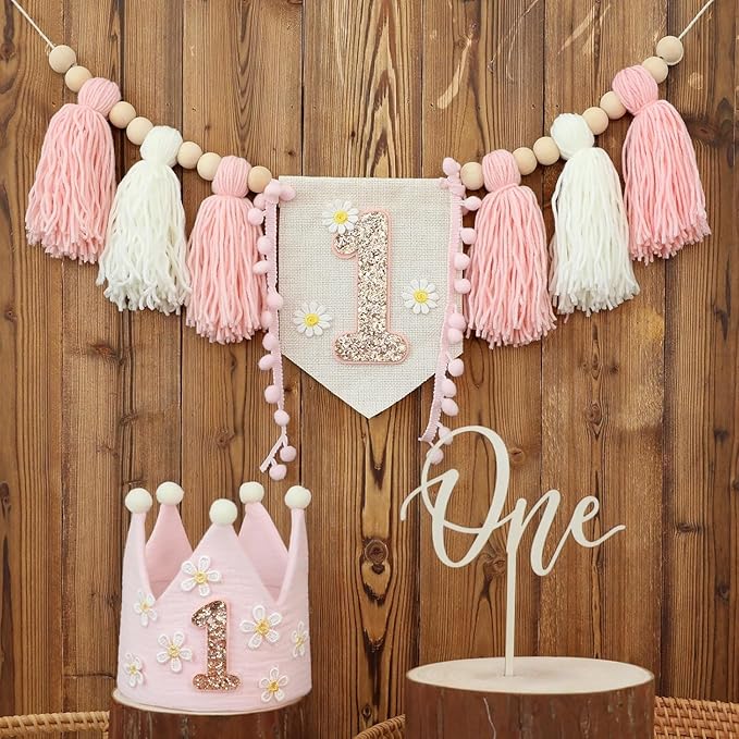 Daisy 1st Highchair Wood Bead Tassel Garland Crown Hat Wooden Cake Topper Birthday Baby Shower Decorations