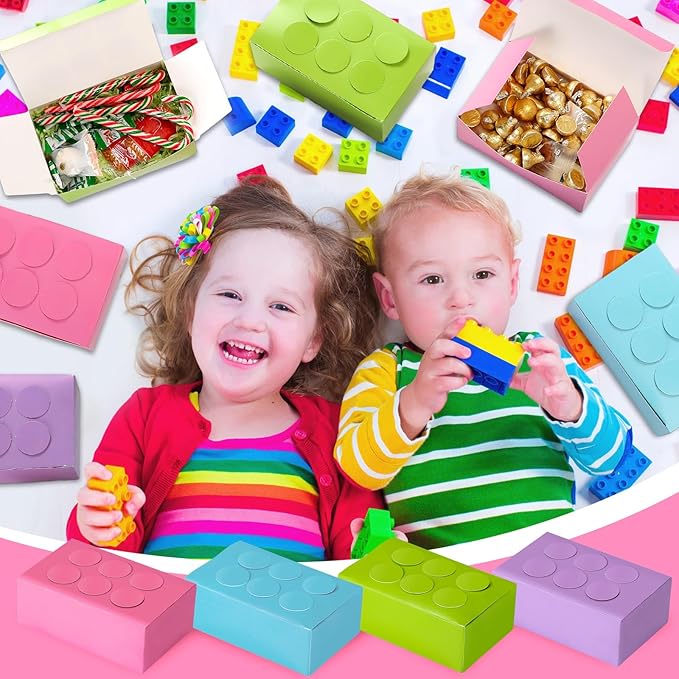 Leinuosen 24 Pieces Building Block Party Favor Boxes 4 Color DIY Brick Theme Gift Goodie Treat Candy Cardboard Paper Box for Building Block Birthday Party Baby Shower Decoration Supplies(Light)