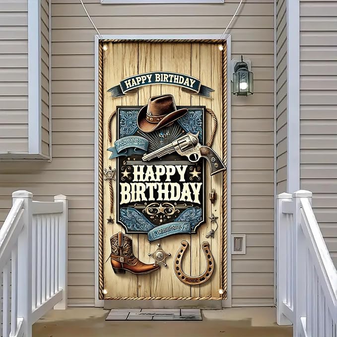 Western Cowboy Door Cover Banner 70 x 35 Inch Decoration West Boy Theme Door Cover Western Birthday Party Photography Background Decor Backdrop West Barn Door Sign Banner