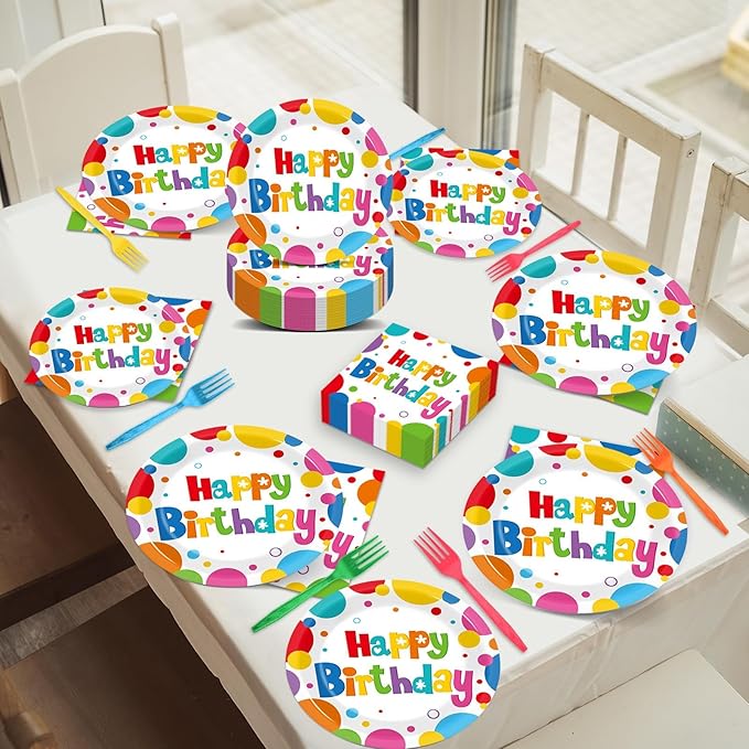 200Pcs Birthday Party Decorations Rainbow Birthday Plates Tableware Set Colorful Birthday Disposable Paper Plates Fork And Napkins Birthday Party Supplies Includes For Girls/Boys, Serves 50