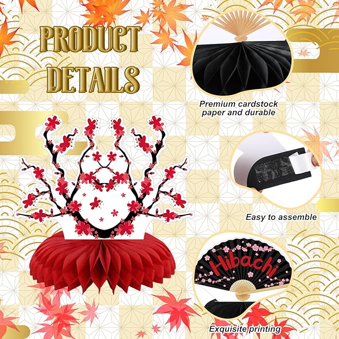 Pickmesh 12 Pieces Hibachi Birthday Party Decorations Honeycomb Centerpieces Japanese Paper Fans Table Decorations Cherry Blossom Table Topper for Japanese Party Supplies