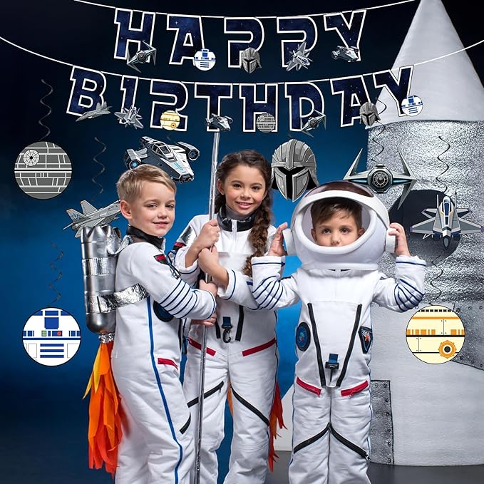 Galaxy Wars Birthday Decorations Outer Space Happy Birthday Banner Black Stars Science Fiction Party Hanging Swirls Streamers Ceiling Decor for Universe Space Star Themed Party Supplies Wall Decor