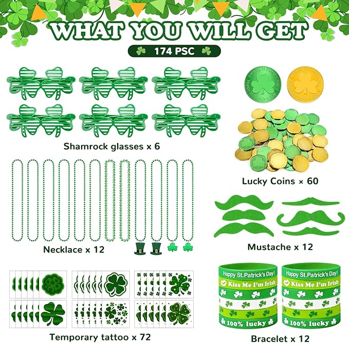 174 Pcs St. Patrick's Day Accessories Party Favor Set, Include Shamrock Glasses, Green Beads Shamrock Necklaces, Tattoos, Mustache, Bracelets, Coins, St Patricks Day Decorations Irish Party Supplies