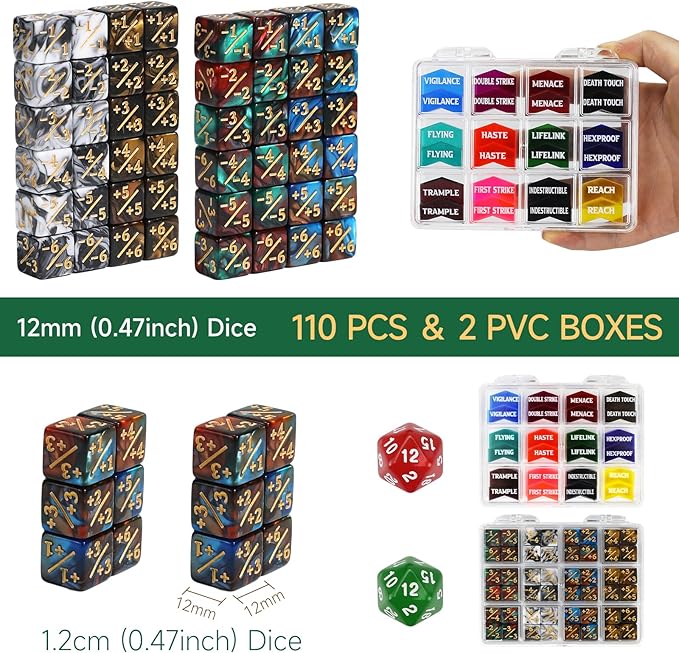 110 Pieces MTG Keyword Tokens 12mm Counters Dice for Magic The Gatering, MTG Abilities Keyword Buff Tokens D6 D20 Life Counter Dice for TCG CCG Magic Card Games Accessories