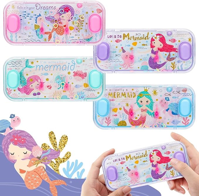 SevenQ Handheld Water Games, 4 Packs Mermaid Theme Water Toss Ring Game Aqua Toy Water Ring Game for Kids Handheld Stocking Stuffers