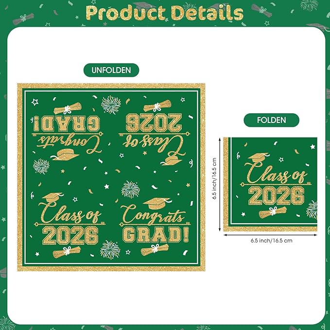 50 Pcs Graduation Napkins Class of 2026 - Green Gold Congrats Grad Napkins Set, 3-Ply Disposable Graduation Luncheon Dinner Party Paper Napkins for Graduations Party Supplies Table Decoration