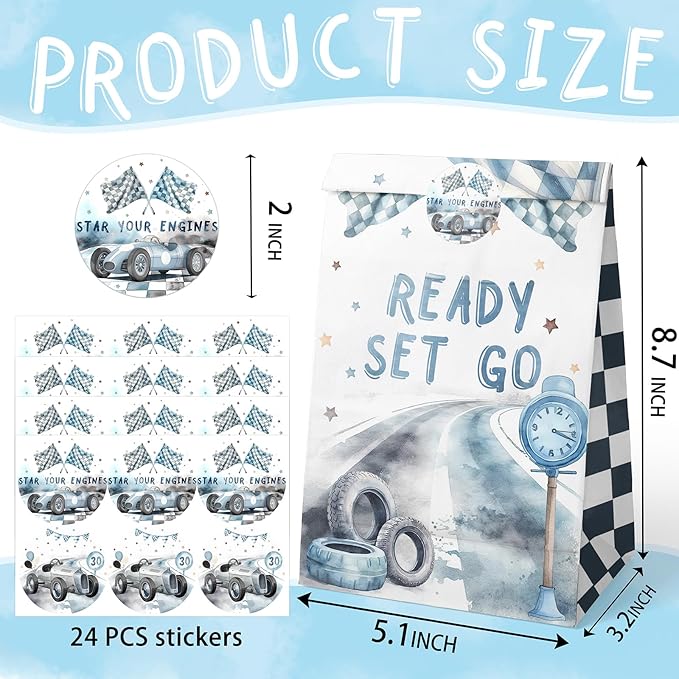 Race Car Party Favor Bags - 24 Pcs with Stickers - Watercolor Race Car Themed Birthday Party Supplies