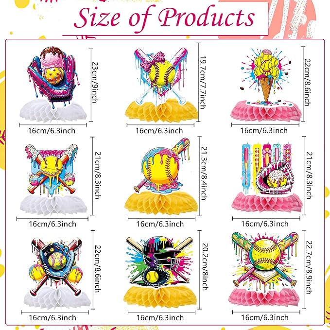 Softball Ice-Cream Party Decorations - 9 PCS Softball Party Honeycomb Centerpieces Decorations for Girls, Sports Ice Cream Birthday Baby Shower Table Decor Supplies