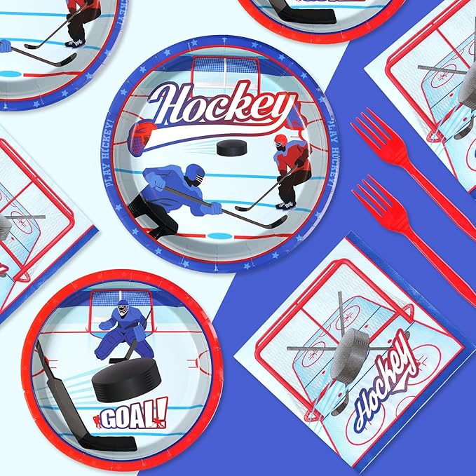 Grencian 96Pcs Hockey Birthday Party Supplies 350 GSM Ice Hockey Paper Plates and Napkins Tableware Sets for Boys Kid's Fans Gameday Sports Theme Party Decorations Favors Servers 24