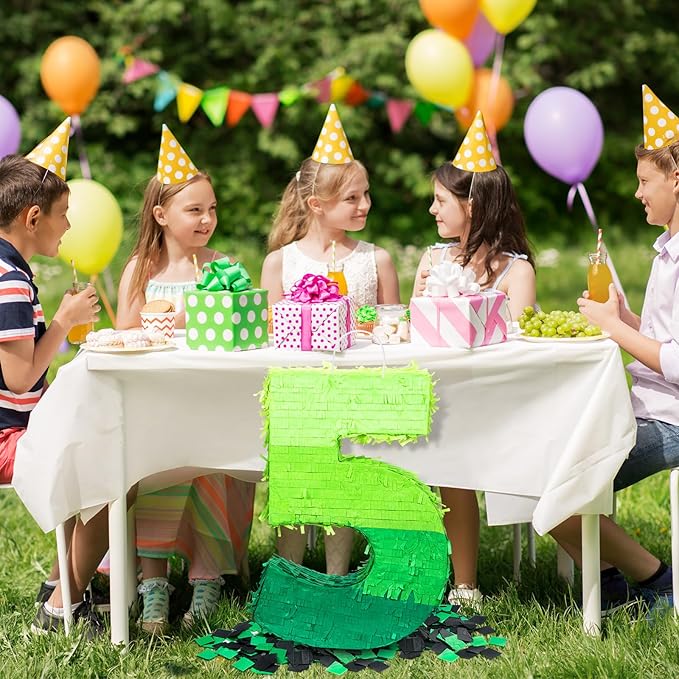 Number Piñata Decorations 16 Inch Gradient Green Piñata with Blindfold Stick and Confetti for Birthday Baby Shower Safari Jungle Themed Party Supplies Centerpiece(Number 5)