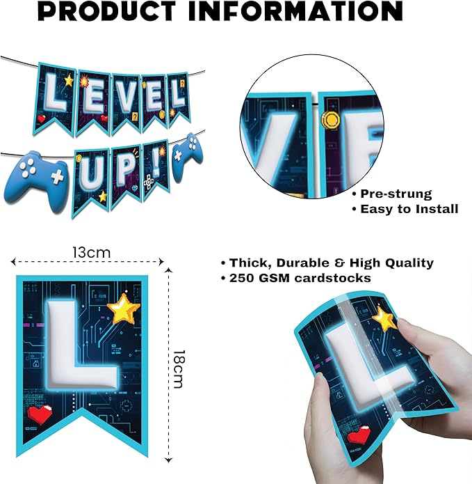 Indotribe Level Up Banner - 10ft Preassembled Ready To Use Level Up Party Decorations Level Up Sign Video Game Party Decoration Happy Birthday Banner Game On Video Game Birthday Decorations