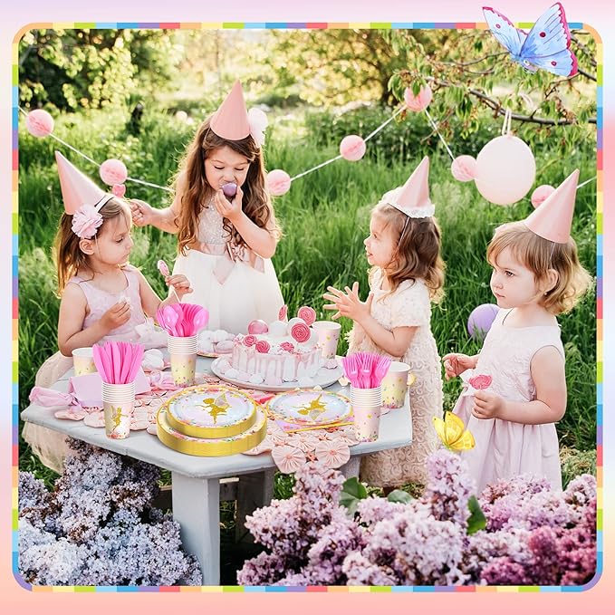 Meanplan 168 Pcs Fairy Party Supplies Fairy Plates and Napkins Fairies Tableware Set Plate Napkins Cups Knives Fork Spoon for Birthday Baby Shower Fairies Enchanted Party Decorations Serves 24 Guests