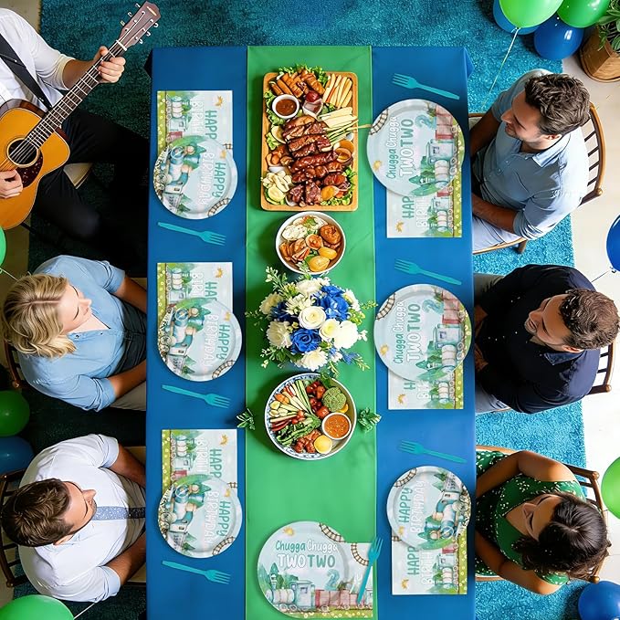96 Pcs Chugga Chugga Two Two Birthday Decorations Disposable Blue Train 2nd Paper Plates and Napkins Transportation Choo Choo I'm 2 Tableware Set for Boy 2 Year Old Birthday Party Supplies Serves 24