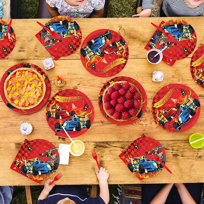 96Pcs Car Racing Birthday Party Decorations Car Birthday Plates and Napkins Sets Red Race Car Themed Decorations for Wheel Sports Boys Birthday Pit Stop Party Supplies Serves 24