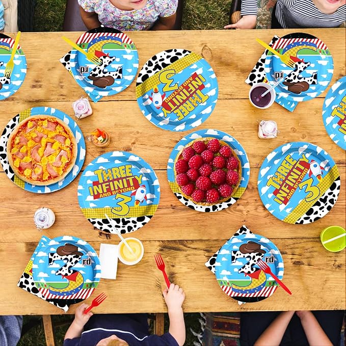 96Pcs Toy Cartoon Story 3rd Birthday Decorations Cow Print Blue Sky White Cloud Plates and Napkins Disposable Toy Inspired Story Cartoon Theme Tableware Set for Boy 3rd Birthday Party Supplies Serve24
