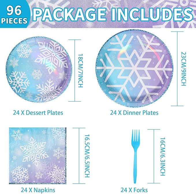 Grencian 96PCS Snowflake Party Decorations Blue Frozen Snowflake Plates and Napkins Disposable Winter Onderland Tableware Set for Winter Baby Shower Birthday Party Supplies, Serves 24