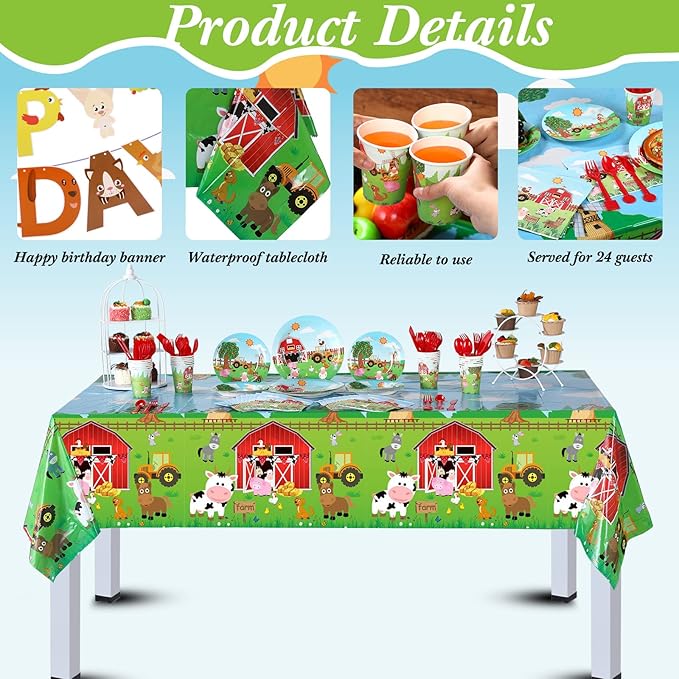 Pajean 171 Pcs Farm Birthday Decorations Happy Birthday Animals Theme Party Supplies 24 Guests Dinner Plates Dessert Plates Cups,Napkins and Banner for Baby Shower Farm Party Decoration(Vivid)