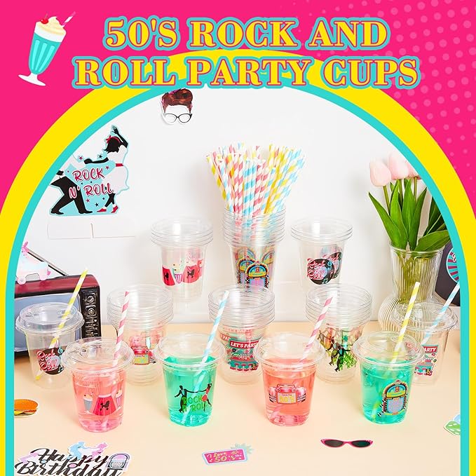 Boao 36 Sets 1950s Party Decorations 50's Rock and Roll Cups with Lids and Paper Straws 14 oz 50s Retro Birthday Plastic Cups 50's Theme Birthday Music Party Supplies