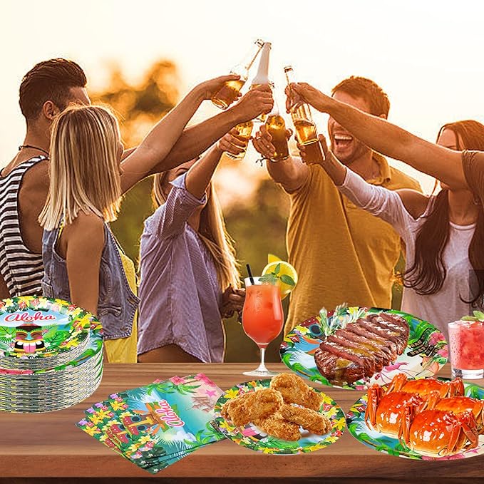 180PCS Hawaiian Aloha Party Supplies Serve 60, Luau Tropical Paper Plates and Napkins Kit for Summer Pool Beach Birthday Party Decorations, Includes Dinner Plates, Dessert Plates, Napkins