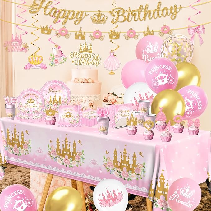 196Pcs Princess Birthday Party Decorations Serves 24,Pink Princess Birthday Themed Tableware Includes Scalloped Plates,Napkins,Tablecloth,Banner,Balloon,Cake Topper for Girls Princess Party Supplies