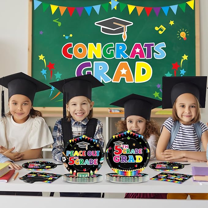 96 Pieces 5th Grade Graduation Party Supplies for 24 Guests Fifth Grade Tableware Plates Napkins Graduation Dinnerware Table Decorations for Classroom 5th Graduation Congrats Grad Party Favors