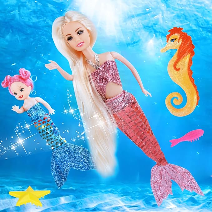 MIOKIDZFUN Princess Mermaid Dolls Playset, 12" Fashion Dress Doll with 4" Little Mermaid Seahorse Figurine and Accessories,Mermaid Toys Gifts for Girls Aged 3 4 5 6 7 8