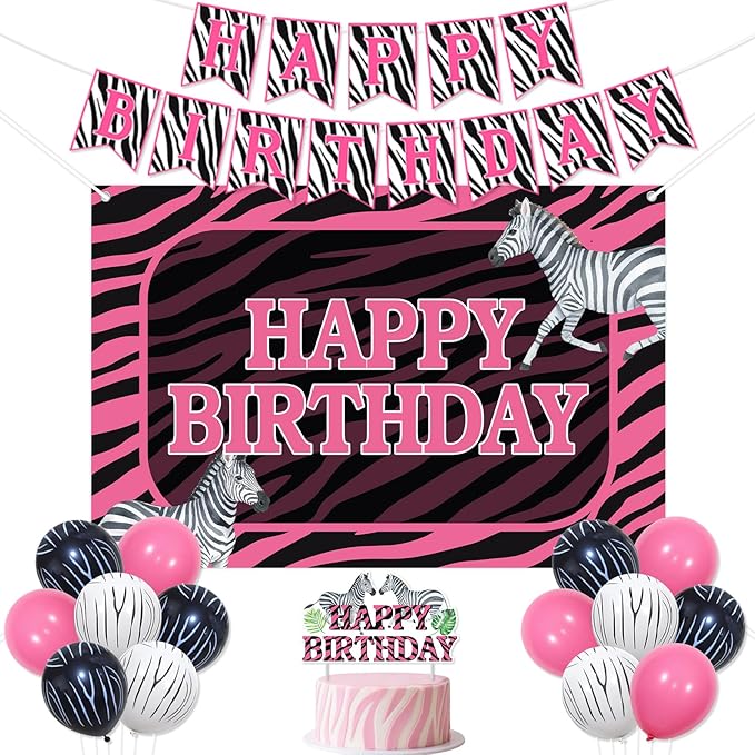 Zebra Birthday Decorations for Women Pink Zebra Happy Birthday Banner Backdrop Cake Topper Safari Jungle Theme Bday Party Supplies for Wildlife Animal Supplies