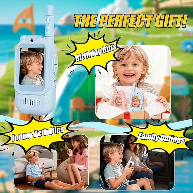 Video Walkie Talkies for Kids Pack of 2, Long Range 2 inch Screen Rechargeable Video Chat Intercom, Indoor Outdoor Voice Effects Toys for Family Games, Camping, Hiking, Gift for Boys Girls Ages 3-12