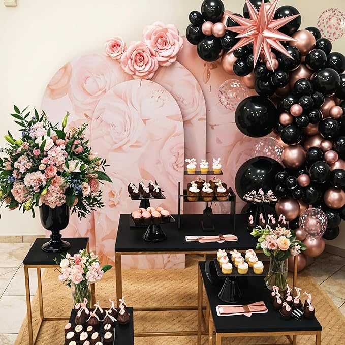 Rose Gold Black Balloons Garland Kit, 120Pcs Metallic Rose Gold Black Confetti Balloons Arch with 4D Star Foil Balloons for Wedding, Birthday, Graduation, Baby Shower Party Decoration