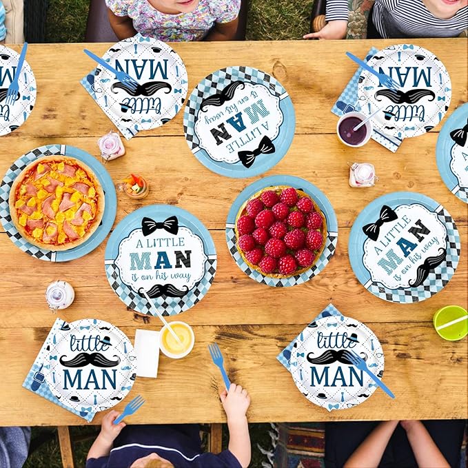 96 Pcs Little Man Baby Shower Decorations A Little Man Is On His Way Paper Plates and Napkins Mustache Bow Tie Hat Tableware Set for Boys Baby Shower Birthday Party Supplies Serves 24
