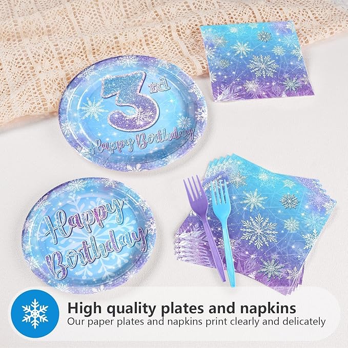 Grencian 96Pcs Frozen Party Supplies Winter Onderland 3rd Birthday Plates Winter Snowflake Disposable Happy 3rd Birthday Tableware for Kids Girls Frozen Themed Party Serves 24