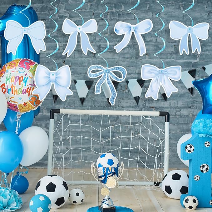 28 Pcs Bow Birthday Decorations Coquette Bow Birthday Hanging Swirls Decorations for Bridal Shower Party Supplies Wedding Christmas Party (Blue)