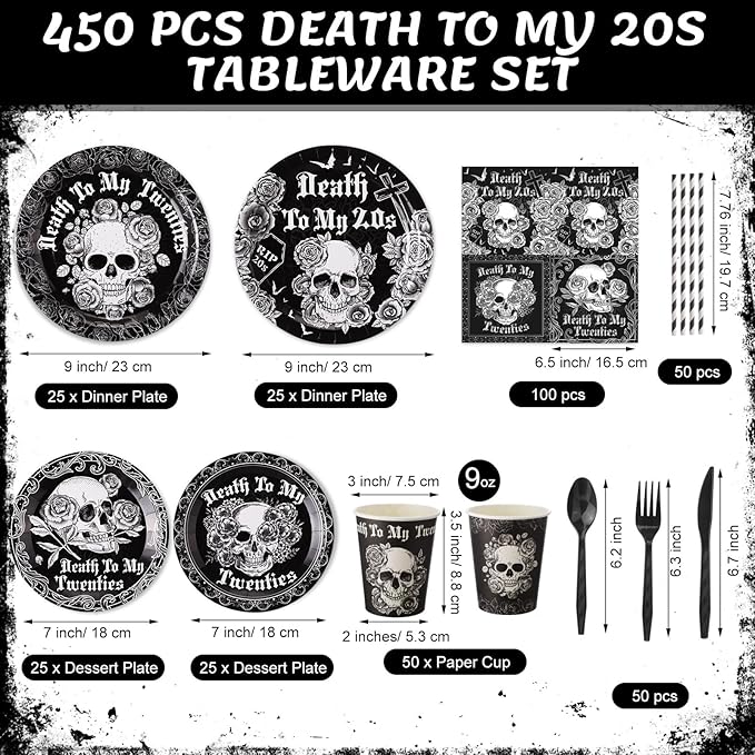 450 Pcs Death to My 20s Tableware Set Black White 30th Birthday Party Decorations Rip to My 20s Paper Plates Napkins Cups Cutlery Straws for Funeral Youth Birthday Supplies, Serves 50