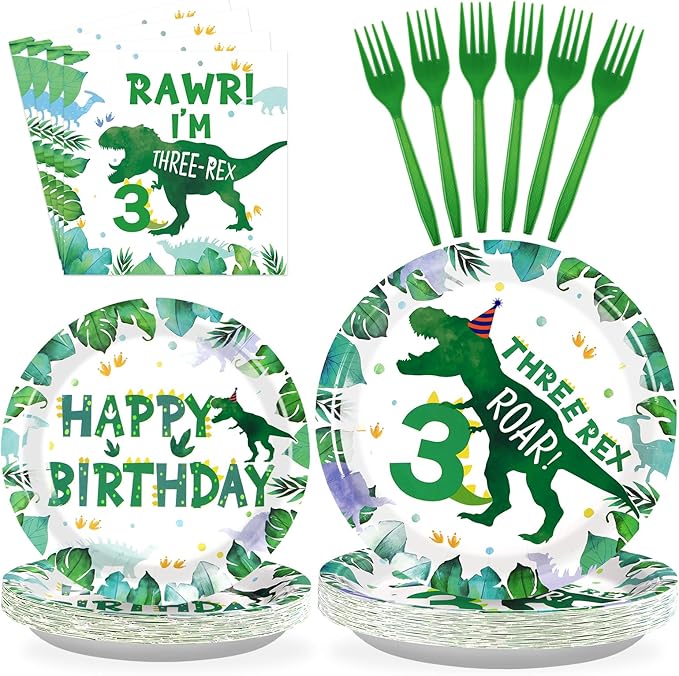 Grencian 96 PCS Dinosaur 3rd Birthday Party Supplies 350 GSM 3 Rex Dinosaur Plates and Napkins Tableware Set for Three Rex Birthday Decorations Boy Dino 3 Year Old birthday Party Decorations Serves 24