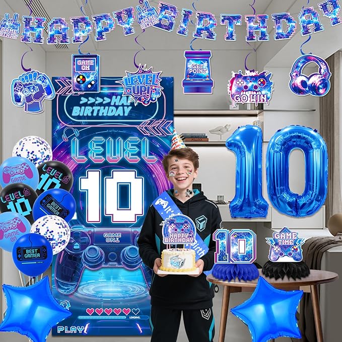 10th Birthday Decorations for Boys, Video Game Level 10 Birthday Decorations Include Banner Backdrop Sash Honeycomb Centerpieces Hanging Swirls Stickers Cake Topper for Gamer Party Supplies