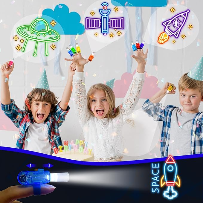 24PCS Space themed Party Favors-LED Finger Lights：Glow-in-the-Dark Light-Up Toys Bulk for Kids Boys Girls,Outer Space Party Decorations Supplies, Party Goodie Bags, Classroom Prizes, Fun Gifts