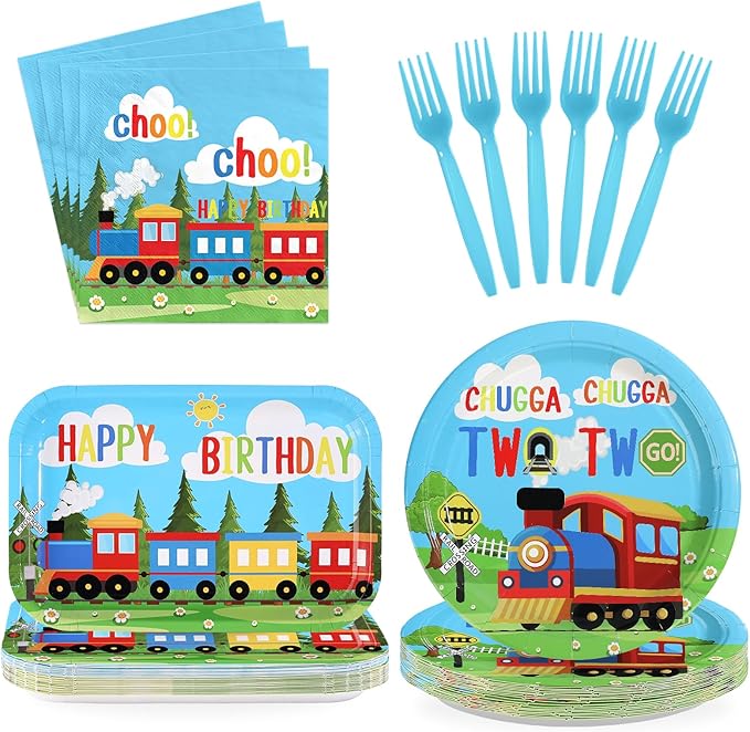 96 Pcs Train 2nd Birthday Party Decorations Chugga Chugga Two Two Plates and Napkins Disposable Railroad Transportation Tableware Set for Kids Train Theme 2 Year Old Birthday Party Supplies Serves 24
