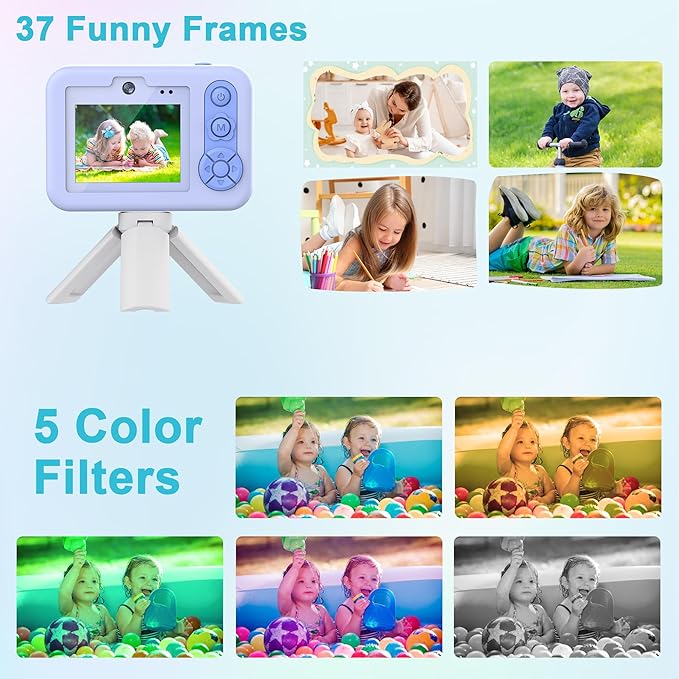 Kids Waterproof Digital Underwater Camera - 48MP HD 1080P Video, Dual Lens Selfie with Stand - Christmas Birthday Festival Gift for Ages Above 3 Girl Boy Child Toddler, Cartoon Cover, Blue