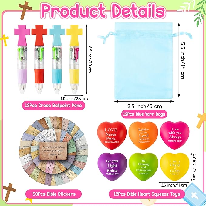 CY2SIDE 12 Pack Easter Christian Bible Verse Heart Squeeze Balls Gift Set with Ballpoint Pen Religious Bible Sticker, Mini Heart Foam Ball for Kid Classroom Exchange, Easter Goodie Bag Stuffers Supply