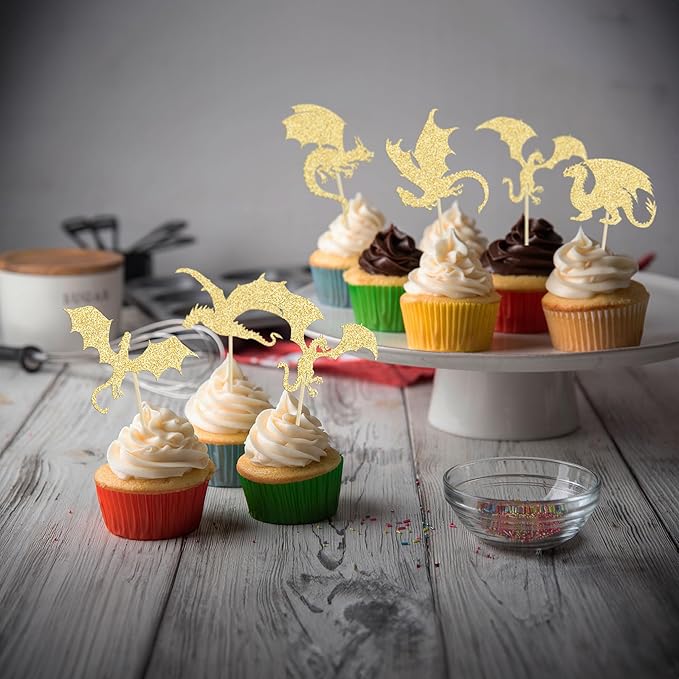 24Pcs Dragon Cupcake Toppers Glitter Fantasy Cool Dinosaur Birthday Cupcake Picks for Medieval Dragon Theme Baby Shower Kids Birthday Party Cake Decorations Supplies Gold
