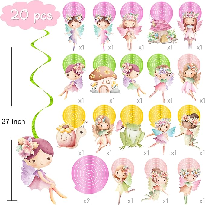 Fairy Hanging Swirls Fairy First Birthday Decorations 20Pcs Fairy Party Ceiling Streamer for Fairy Birthday Party Supplies Flower Fairy Baby Shower Supplies