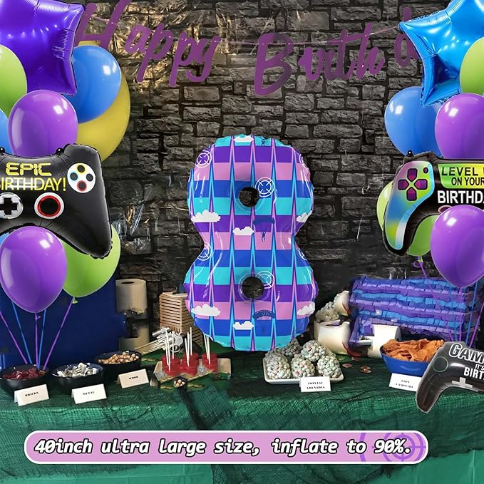 Video Game Theme Birthday Party Number Balloons Piñata Gaming Party Decor Balloons Large Number Balloons for Kids Battle Boys Birthday Party Decoration Supplies(Number 8 Set)