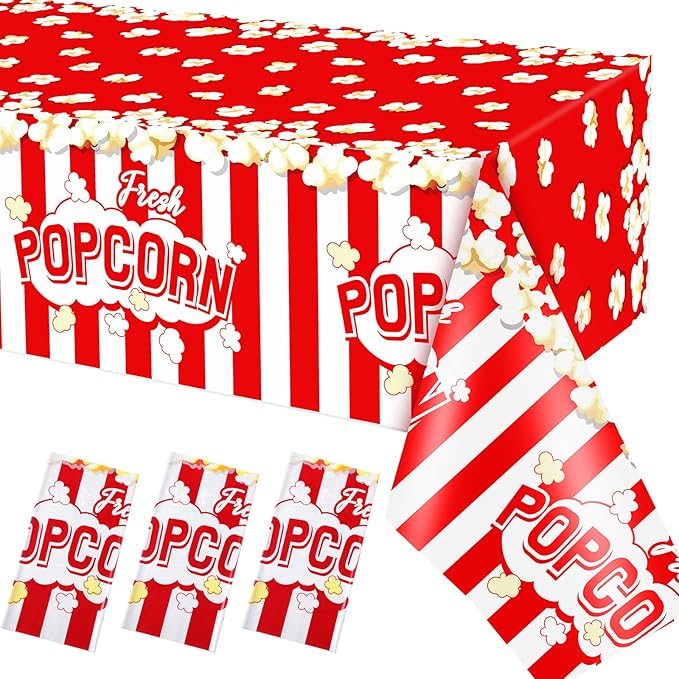 Breling 3 Pieces Popcorn Tablecloth 54 x 108 Inch Plastic Popcorn Table Cover Party Decorations Carnival Circus Movie Night Supplies Carnival Birthday Party Supplies Tablecovers