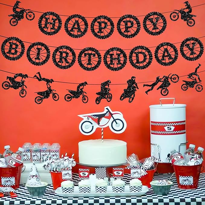 Pre-Strung Dirt Bike Birthday Party Decorations, NO DIY Glitter Happy Birthday Banner, Sick Motocross Stunt Decor Motocross Themed Party Supplies