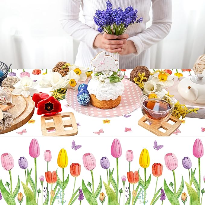 4 Pack Spring Summer Lavender Tulip Tablecloth Blooming Floral Table Cloth Wild Flower Tablecloth Watercolor Party Table Cover Easter Picnic Spring Summer Party Decorations 51 x 86 Inch